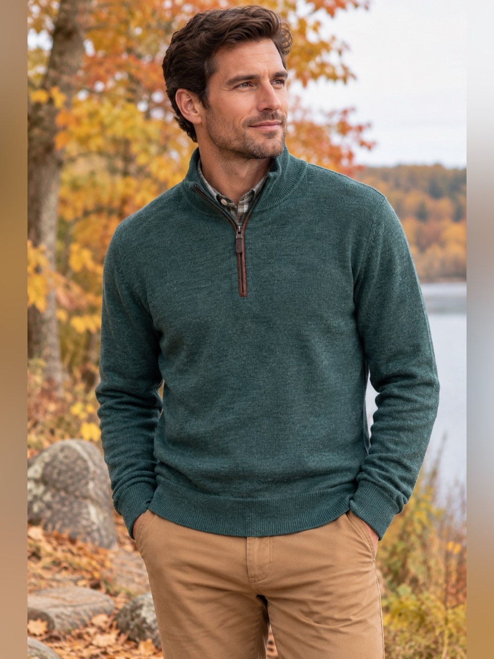 Orvis Wool Blend Quarter Zip Sweater Mens Large Green Mock Neck Pullover Classic